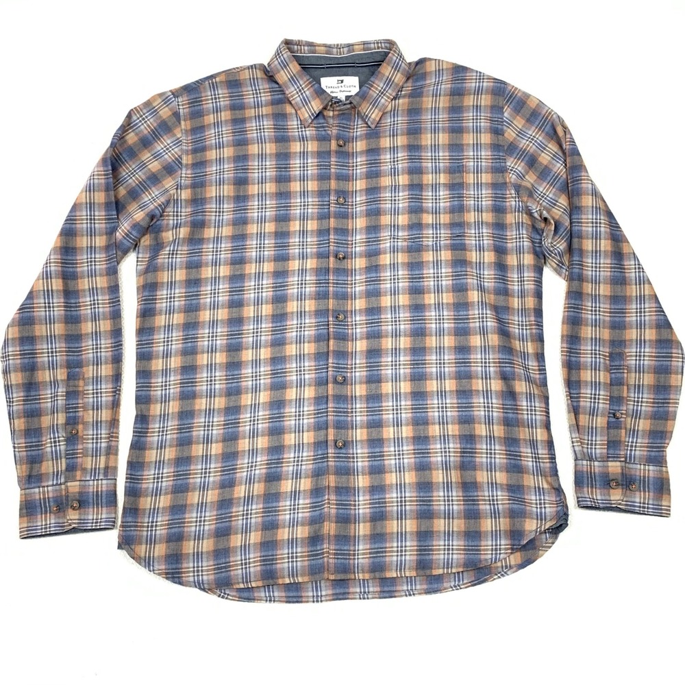 Thread & Cloth Mens XL Blue Tan Plaid Flannel Button Down Shirt Long Sleeve